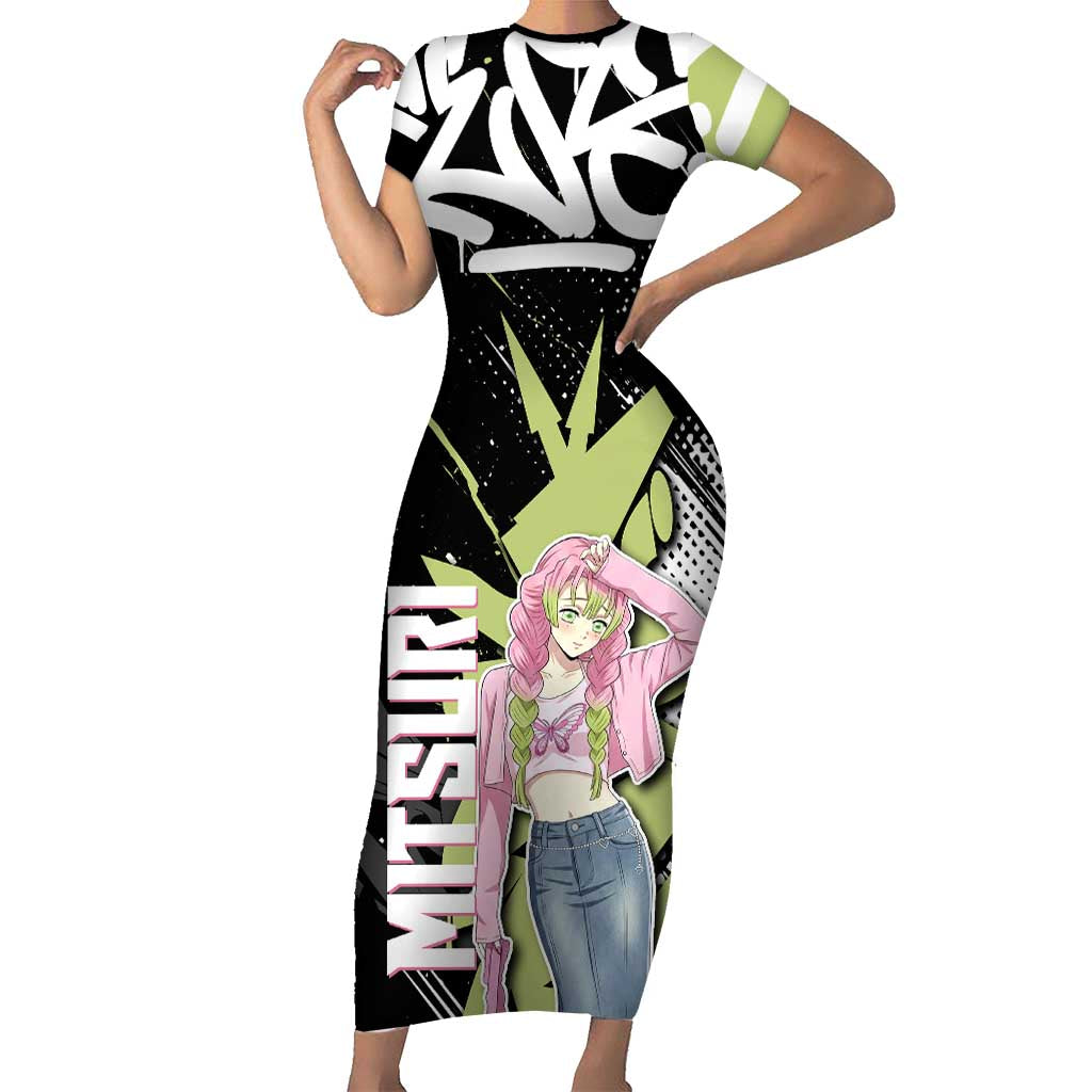 Mitsuri Kanroji Demon Slayer Short Sleeve Bodycon Dress Green & Black Graffiti Anime
