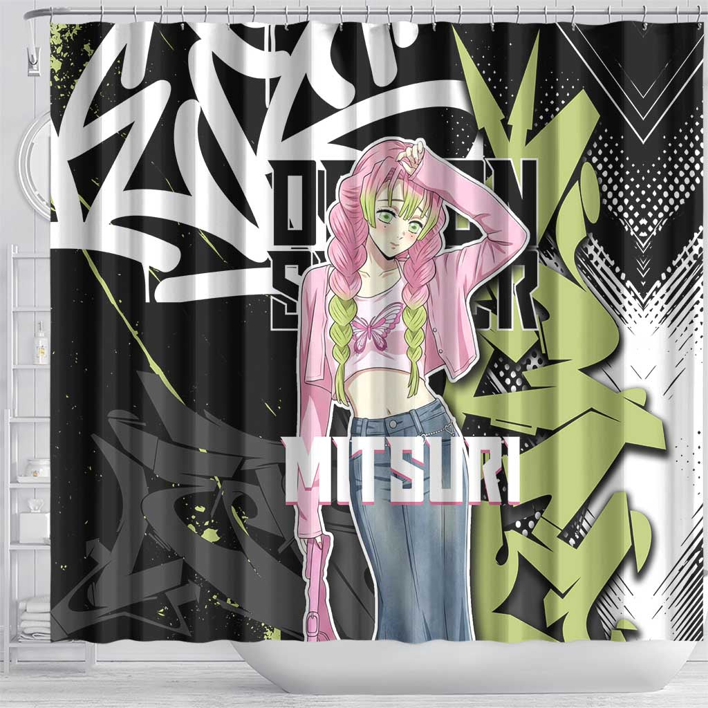 Mitsuri Kanroji Demon Slayer Shower Curtain Green & Black Graffiti Anime