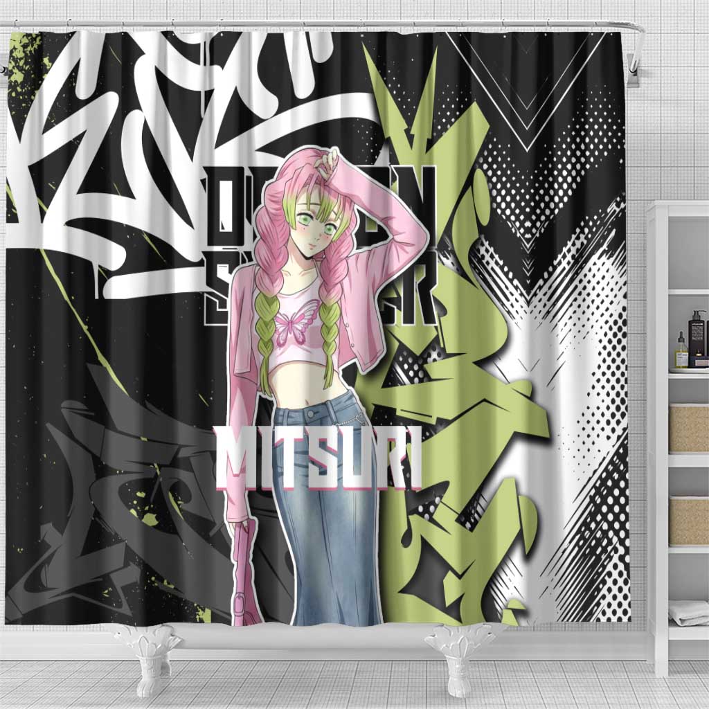 Mitsuri Kanroji Demon Slayer Shower Curtain Green & Black Graffiti Anime