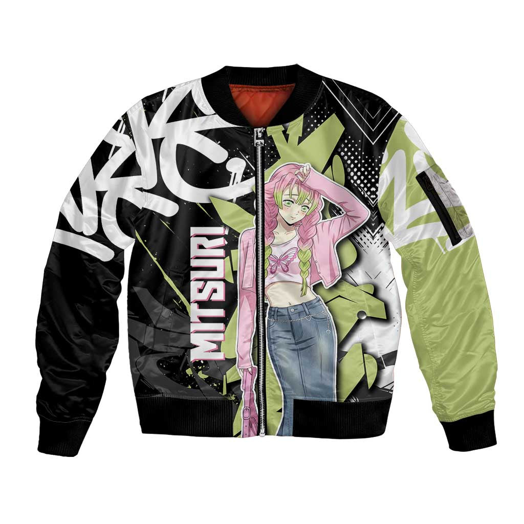 Mitsuri Kanroji Demon Slayer Sleeve Zip Bomber Jacket Green & Black Graffiti Anime