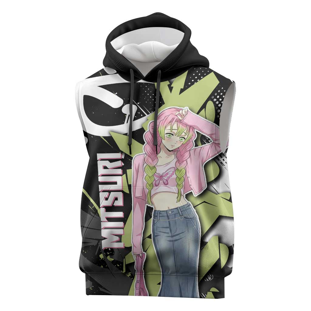 Mitsuri Kanroji Demon Slayer Sleeveless Hoodie Green & Black Graffiti Anime