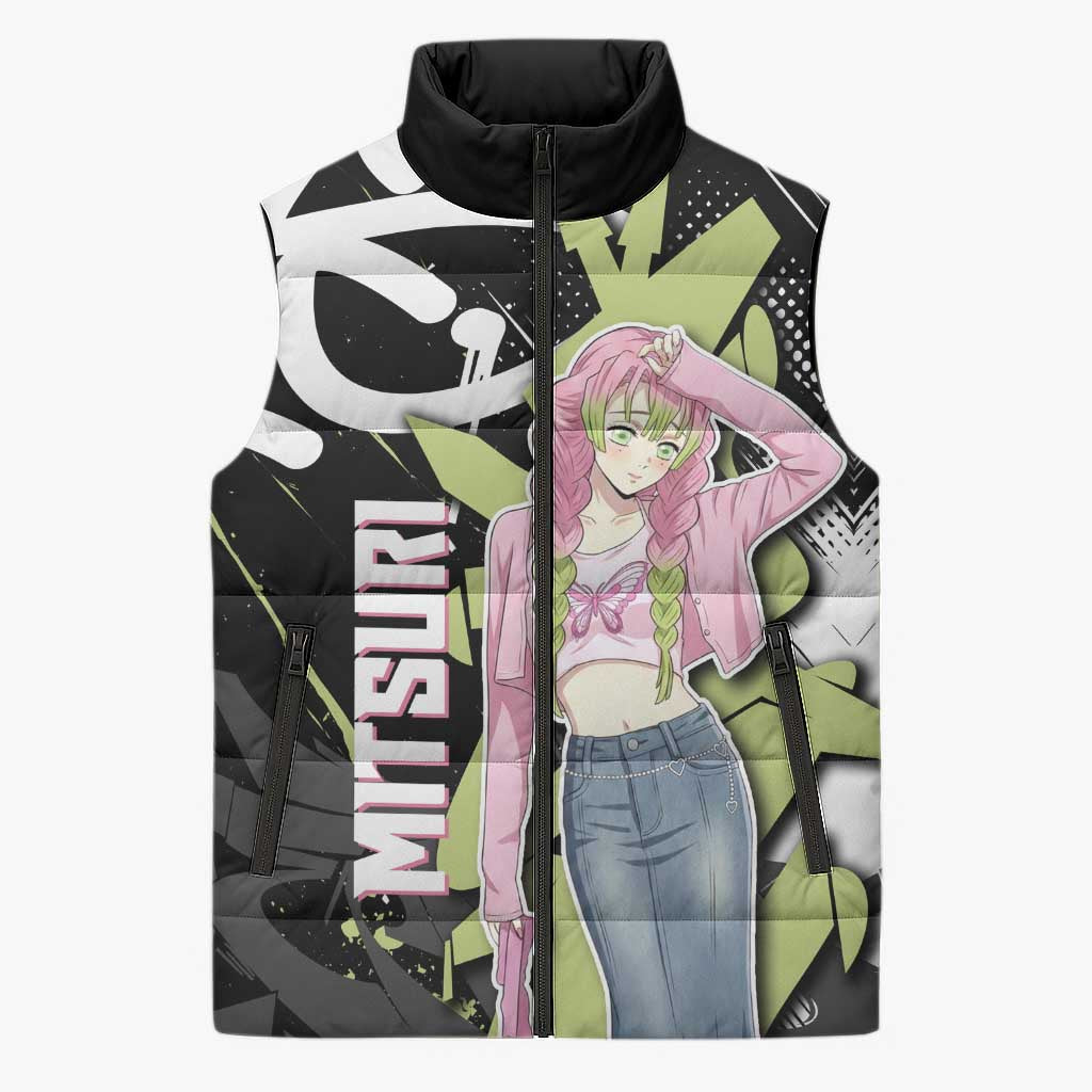 Mitsuri Kanroji Demon Slayer Sleeveless Puffer Jacket Green & Black Graffiti Anime