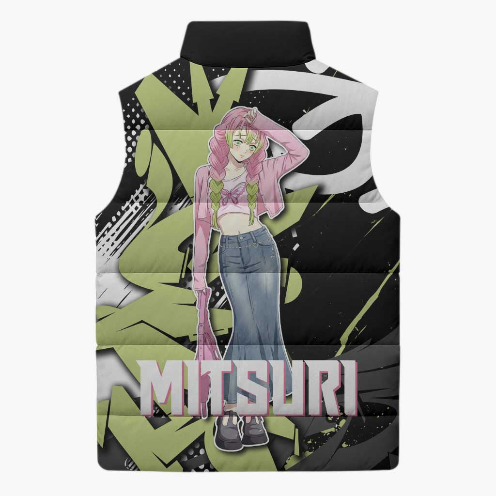 Mitsuri Kanroji Demon Slayer Sleeveless Puffer Jacket Green & Black Graffiti Anime