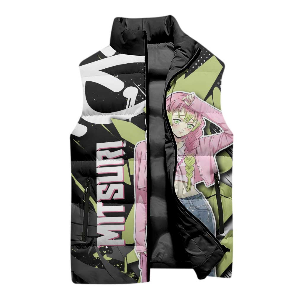 Mitsuri Kanroji Demon Slayer Sleeveless Puffer Jacket Green & Black Graffiti Anime