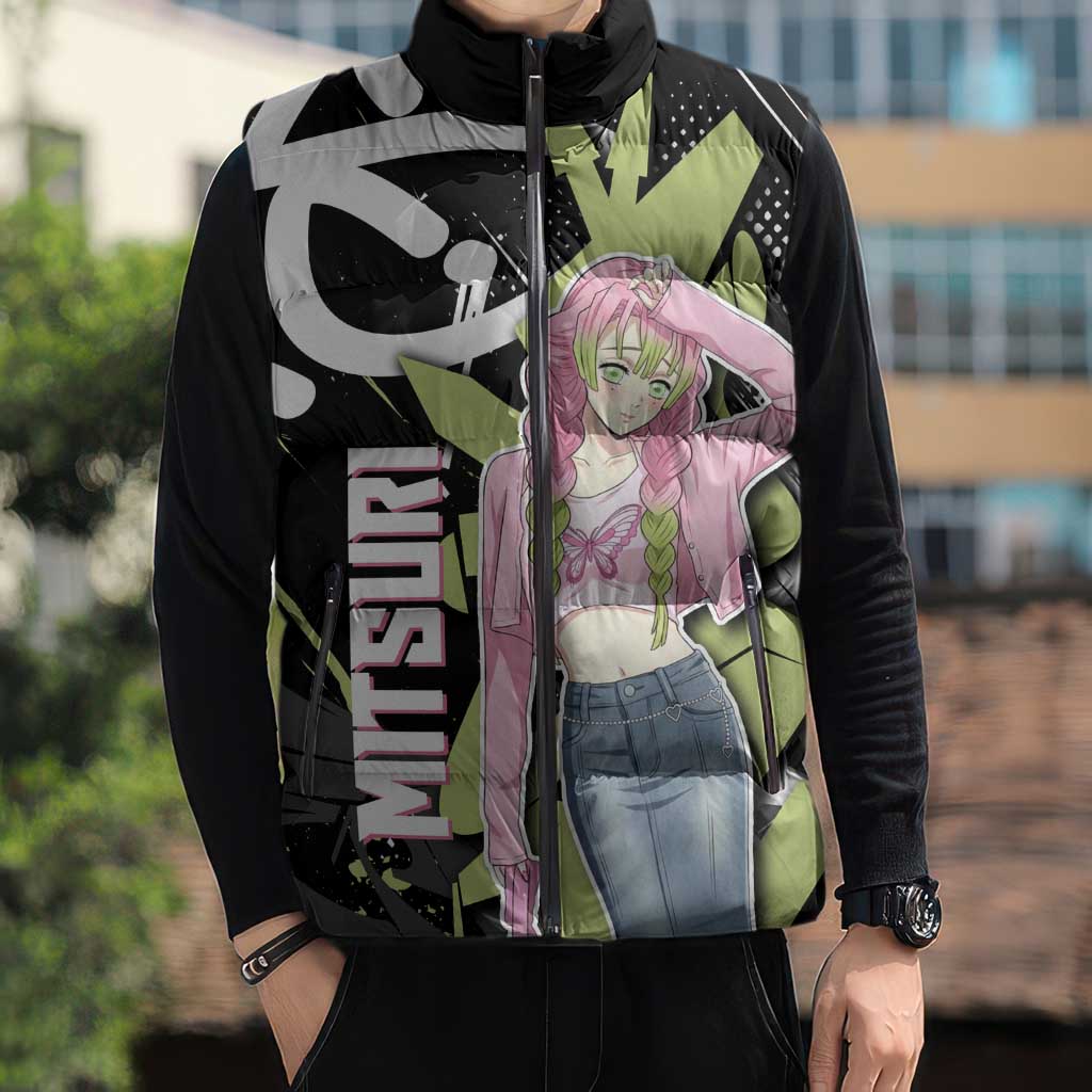 Mitsuri Kanroji Demon Slayer Sleeveless Puffer Jacket Green & Black Graffiti Anime