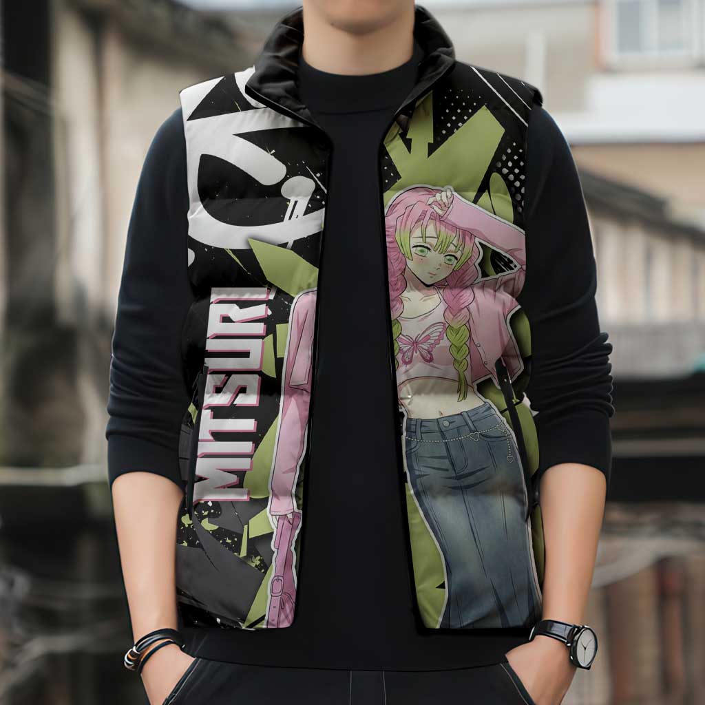 Mitsuri Kanroji Demon Slayer Sleeveless Puffer Jacket Green & Black Graffiti Anime