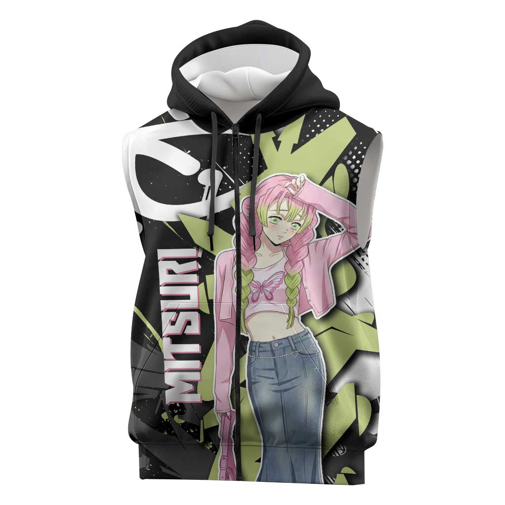 Mitsuri Kanroji Demon Slayer Sleeveless Zip Hoodie Green & Black Graffiti Anime