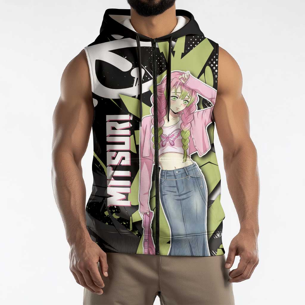 Mitsuri Kanroji Demon Slayer Sleeveless Zip Hoodie Green & Black Graffiti Anime