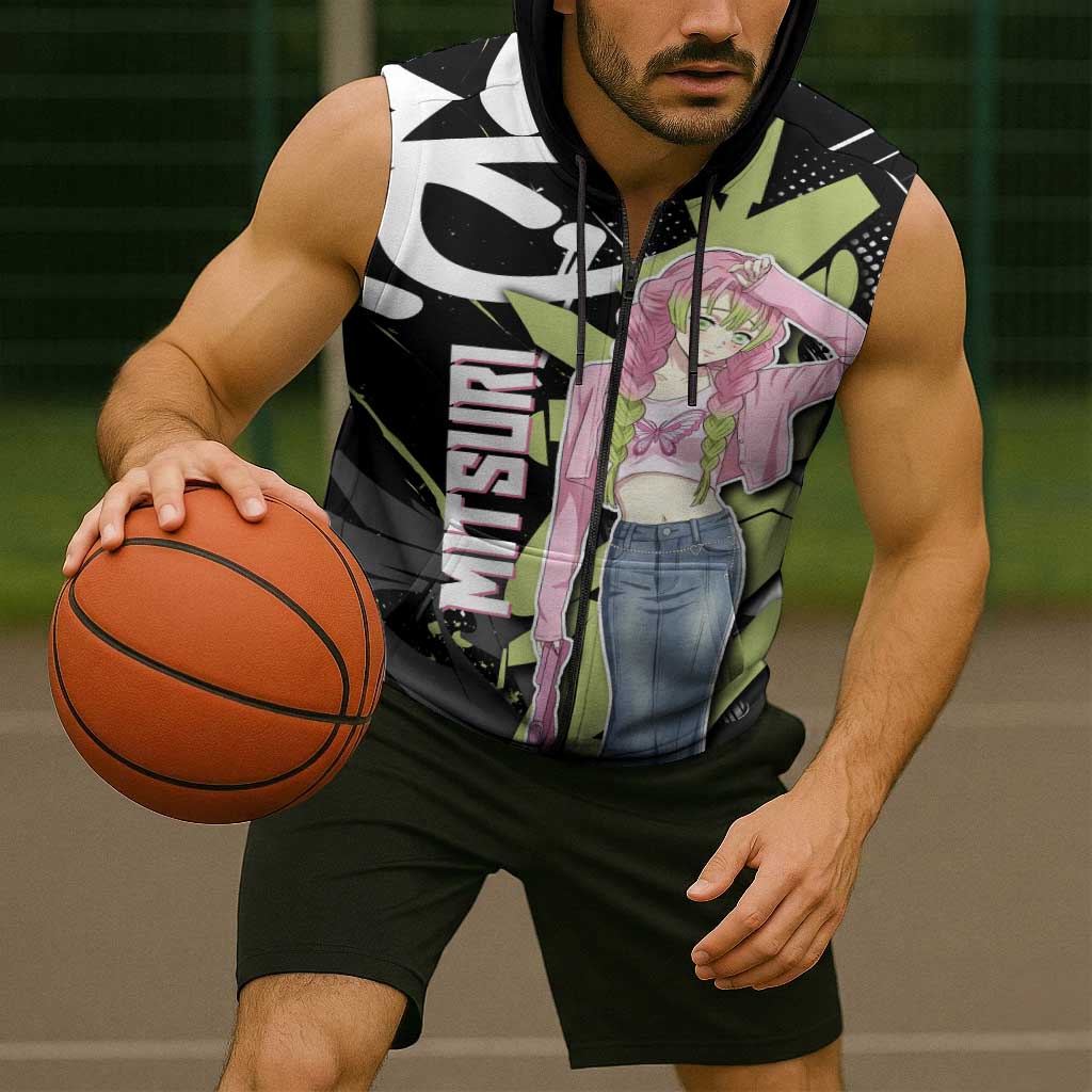 Mitsuri Kanroji Demon Slayer Sleeveless Zip Hoodie Green & Black Graffiti Anime