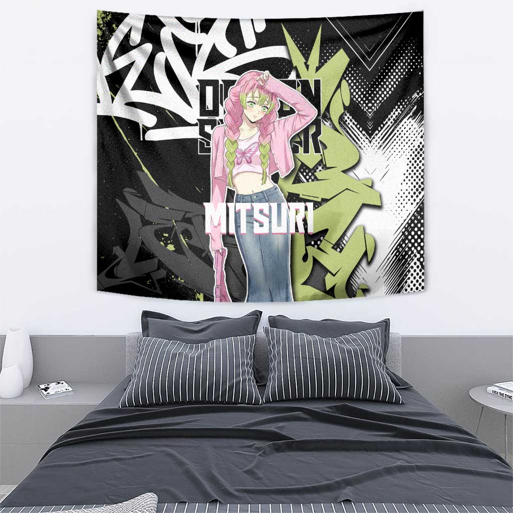Mitsuri Kanroji Demon Slayer Tapestry Green & Black Graffiti Anime