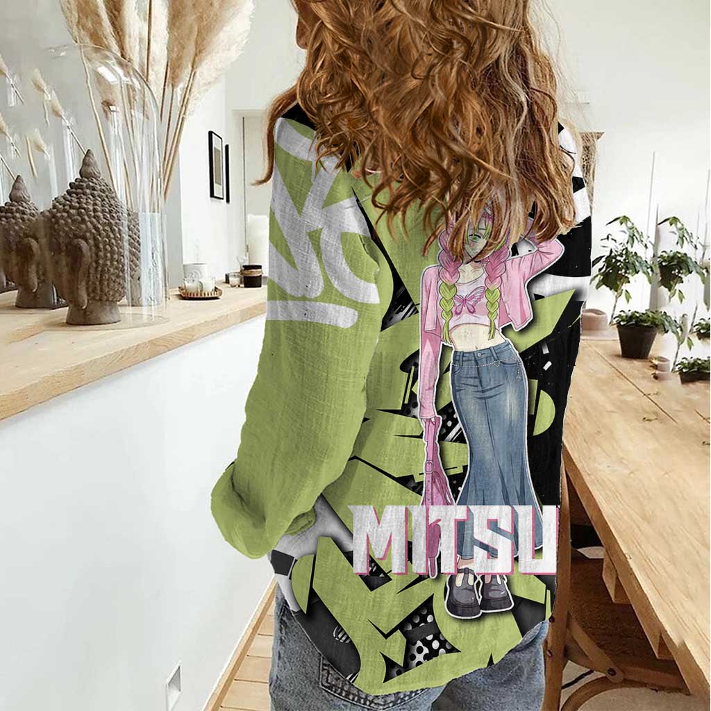 Mitsuri Kanroji Demon Slayer Women Casual Shirt Green & Black Graffiti Anime