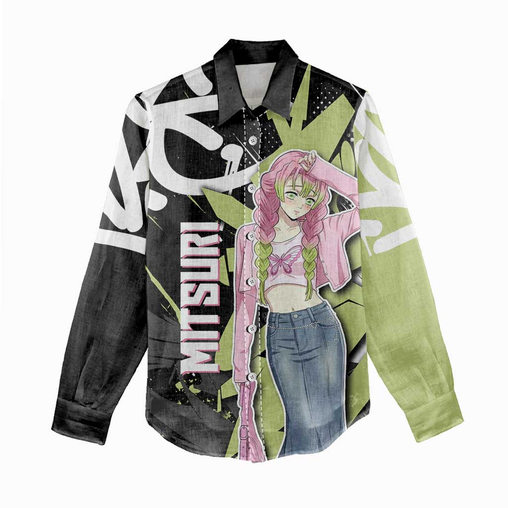 Mitsuri Kanroji Demon Slayer Women Casual Shirt Green & Black Graffiti Anime