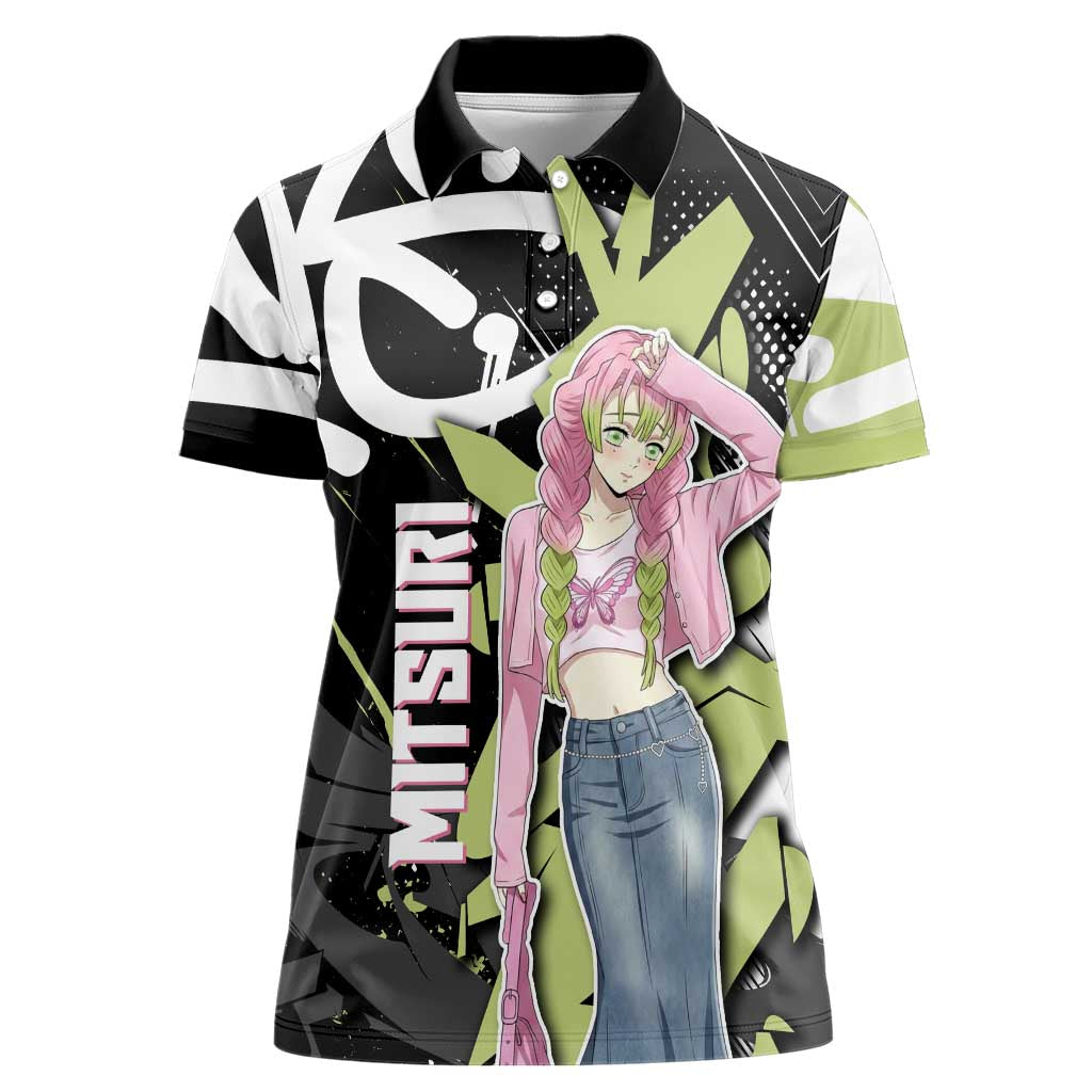 Mitsuri Kanroji Demon Slayer Women Polo Shirt Green & Black Graffiti Anime