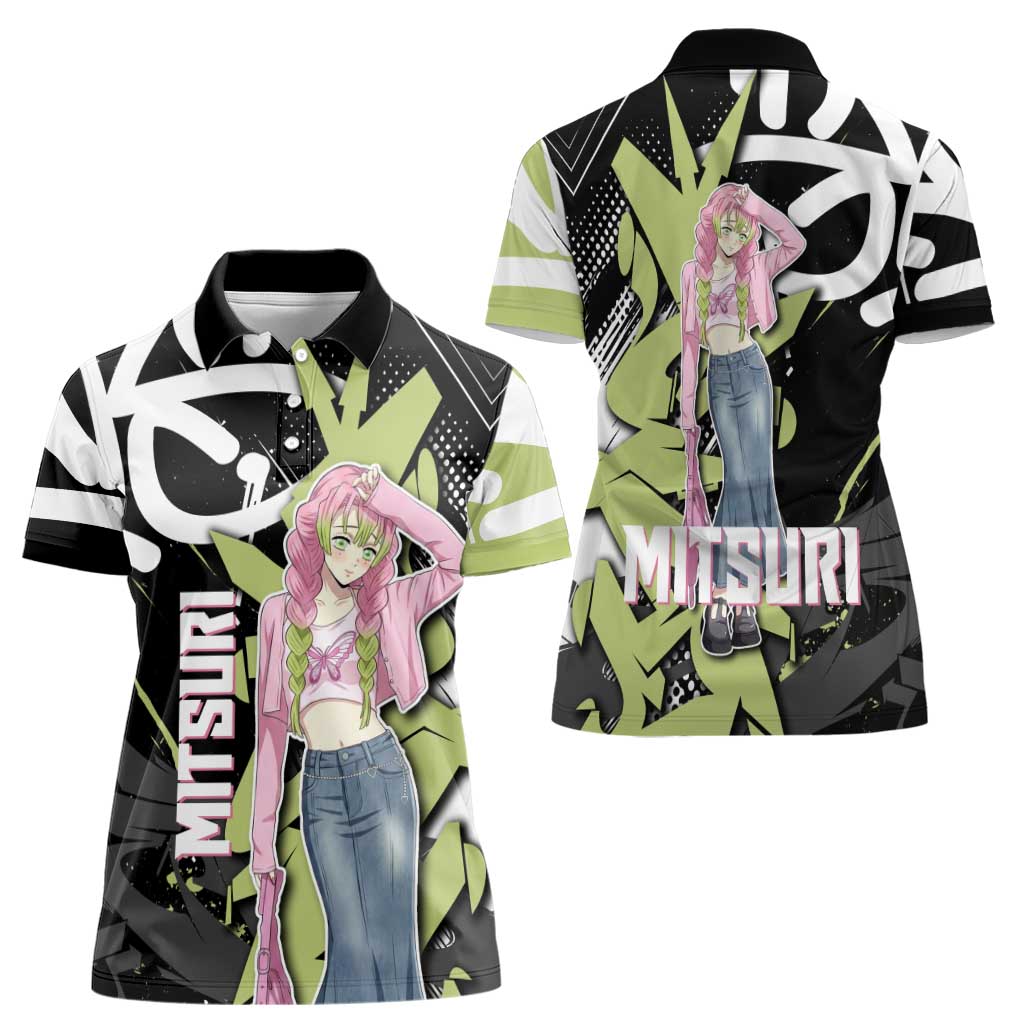 Mitsuri Kanroji Demon Slayer Women Polo Shirt Green & Black Graffiti Anime