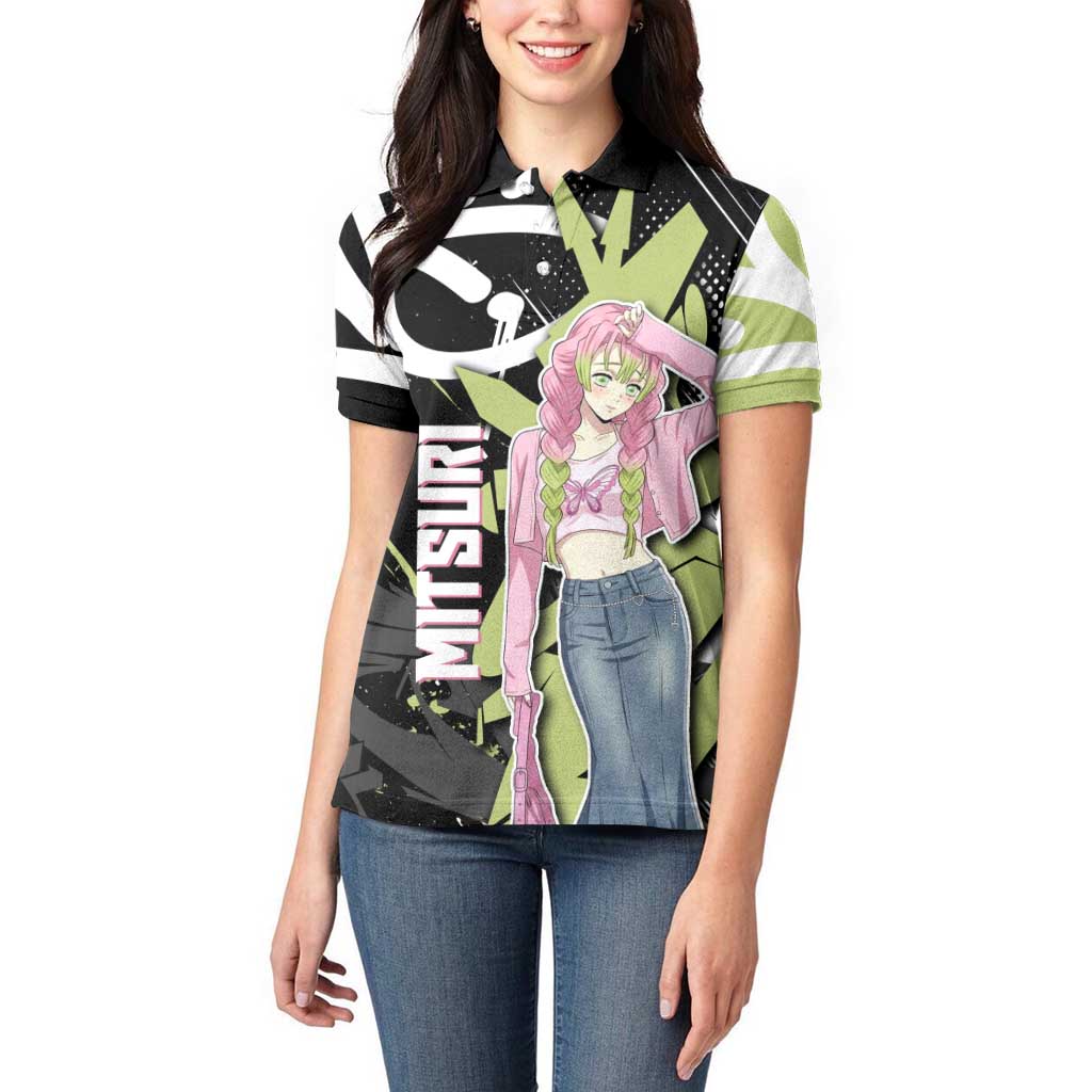 Mitsuri Kanroji Demon Slayer Women Polo Shirt Green & Black Graffiti Anime