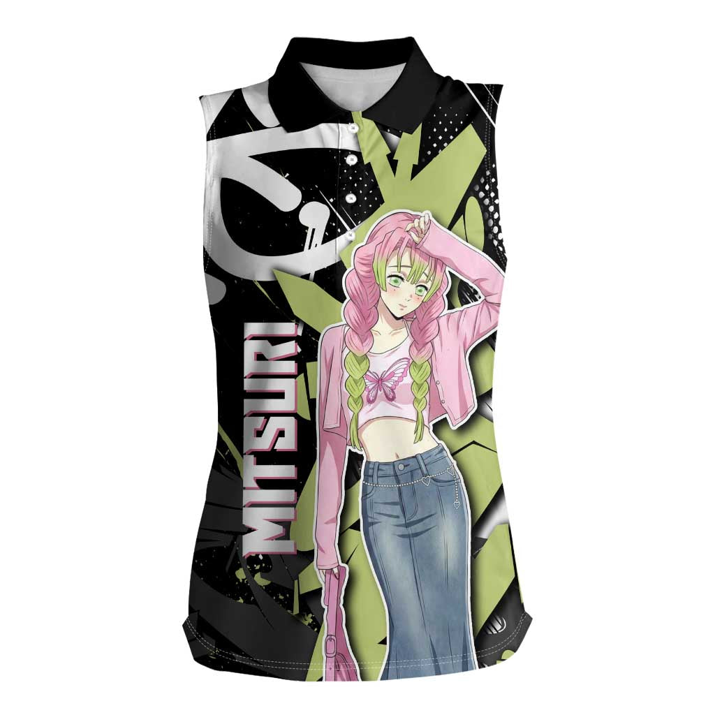 Mitsuri Kanroji Demon Slayer Women Sleeveless Polo Shirt Green & Black Graffiti Anime
