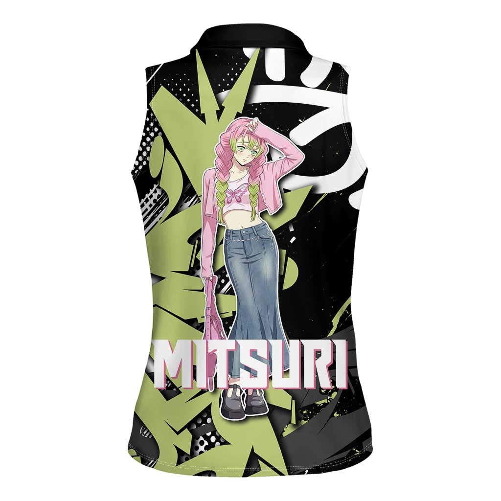 Mitsuri Kanroji Demon Slayer Women Sleeveless Polo Shirt Green & Black Graffiti Anime