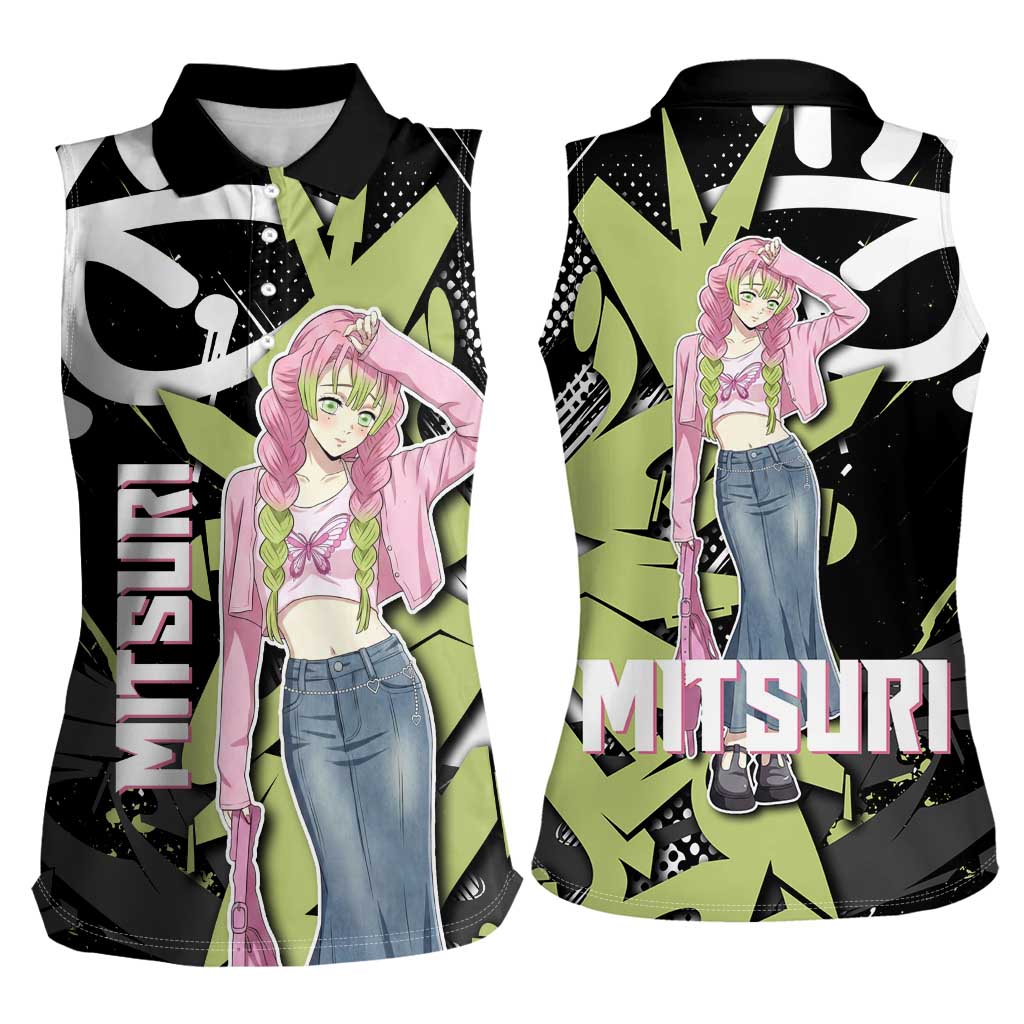 Mitsuri Kanroji Demon Slayer Women Sleeveless Polo Shirt Green & Black Graffiti Anime