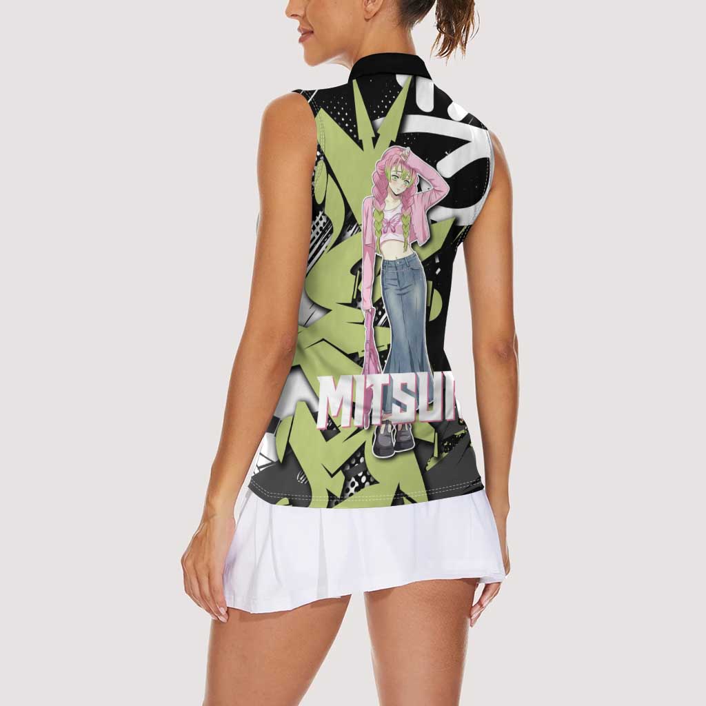 Mitsuri Kanroji Demon Slayer Women Sleeveless Polo Shirt Green & Black Graffiti Anime
