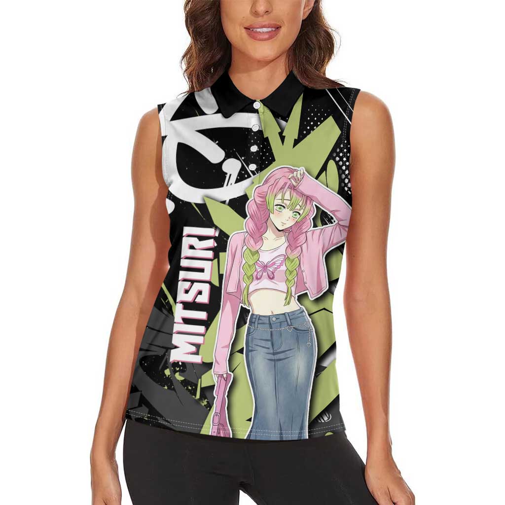 Mitsuri Kanroji Demon Slayer Women Sleeveless Polo Shirt Green & Black Graffiti Anime