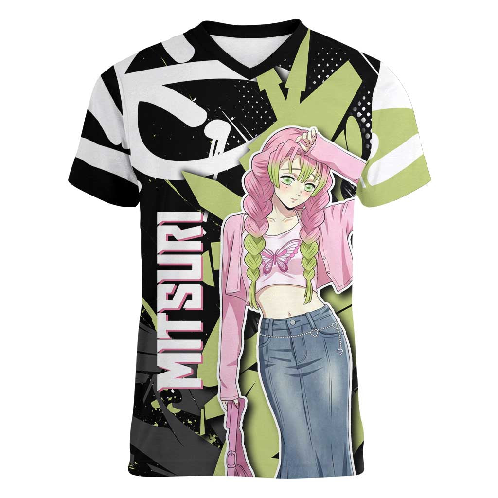 Mitsuri Kanroji Demon Slayer Women V-Neck T-Shirt Green & Black Graffiti Anime