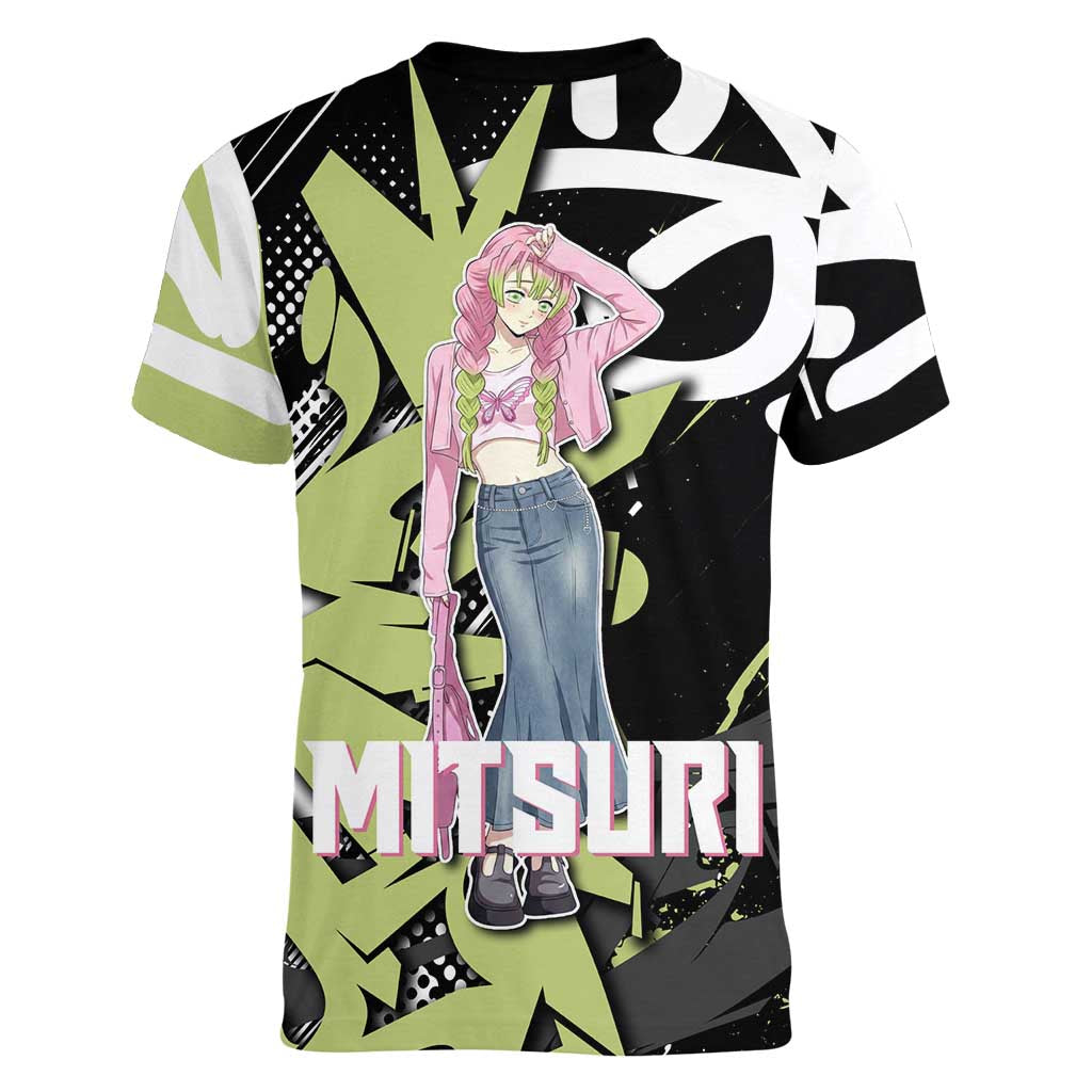 Mitsuri Kanroji Demon Slayer Women V-Neck T-Shirt Green & Black Graffiti Anime