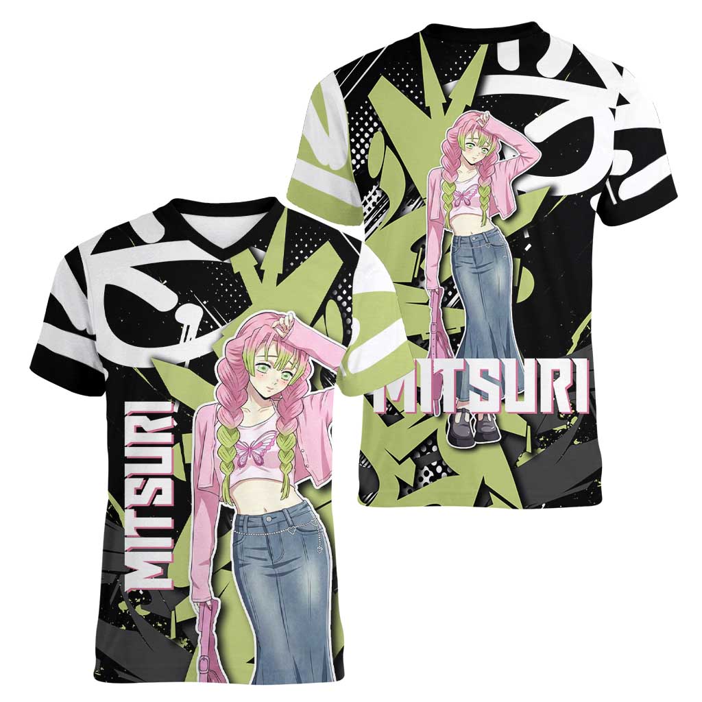 Mitsuri Kanroji Demon Slayer Women V-Neck T-Shirt Green & Black Graffiti Anime