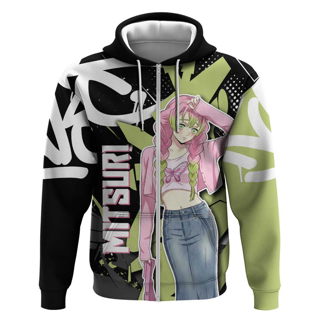 Mitsuri Kanroji Demon Slayer Zip Hoodie Green & Black Graffiti Anime