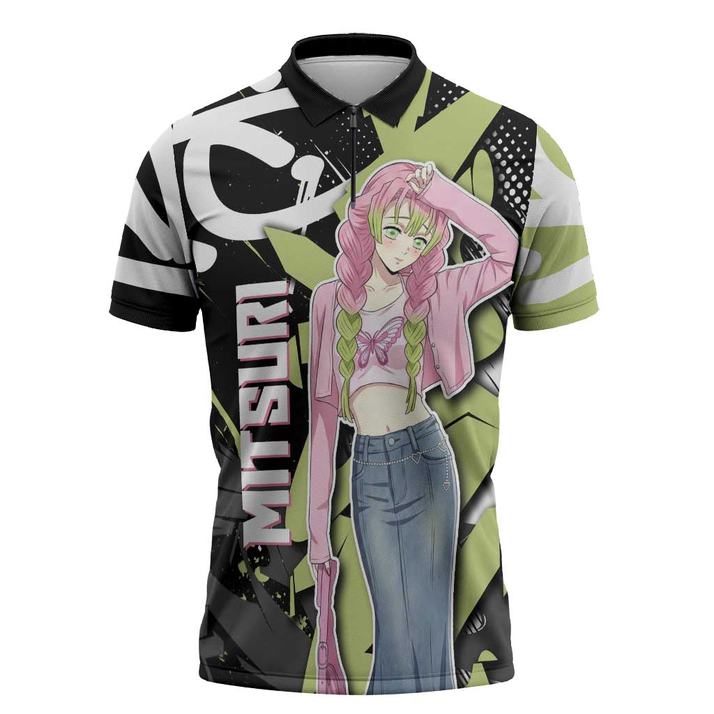 Mitsuri Kanroji Demon Slayer Zipper Polo Shirt Green & Black Graffiti Anime