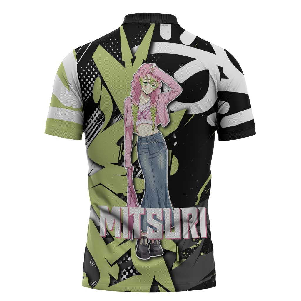Mitsuri Kanroji Demon Slayer Zipper Polo Shirt Green & Black Graffiti Anime
