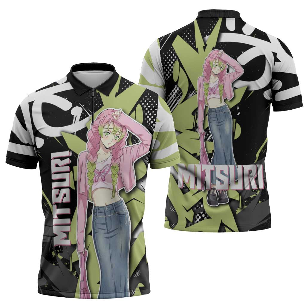 Mitsuri Kanroji Demon Slayer Zipper Polo Shirt Green & Black Graffiti Anime