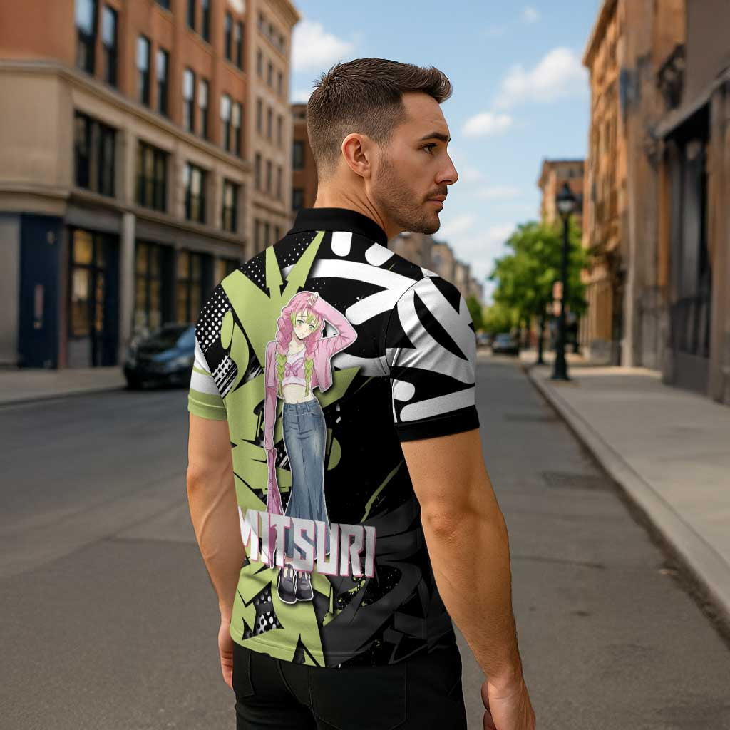 Mitsuri Kanroji Demon Slayer Zipper Polo Shirt Green & Black Graffiti Anime