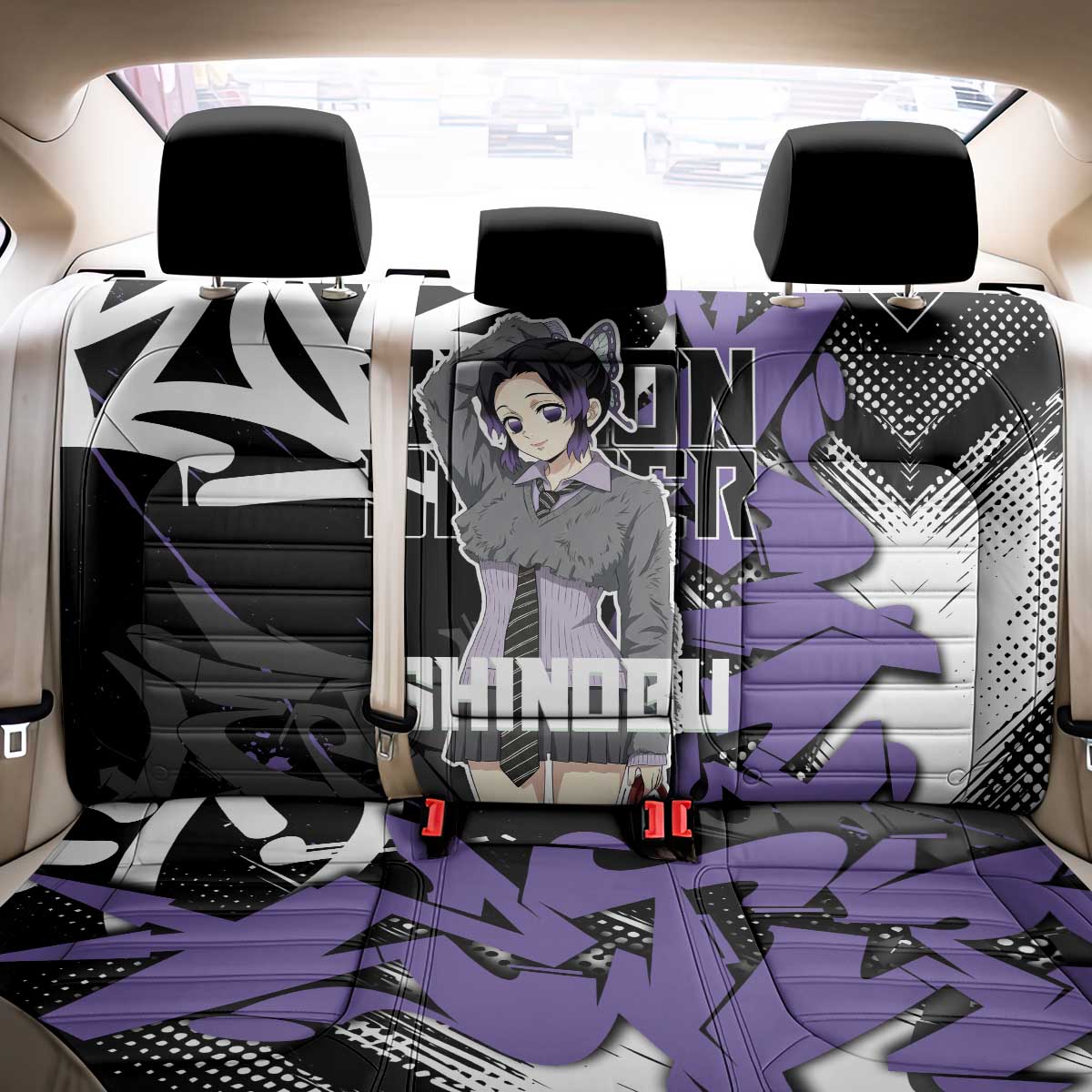 Kocho Shinobu Demon Slayer Back Car Seat Cover Purple & Black Graffiti Anime