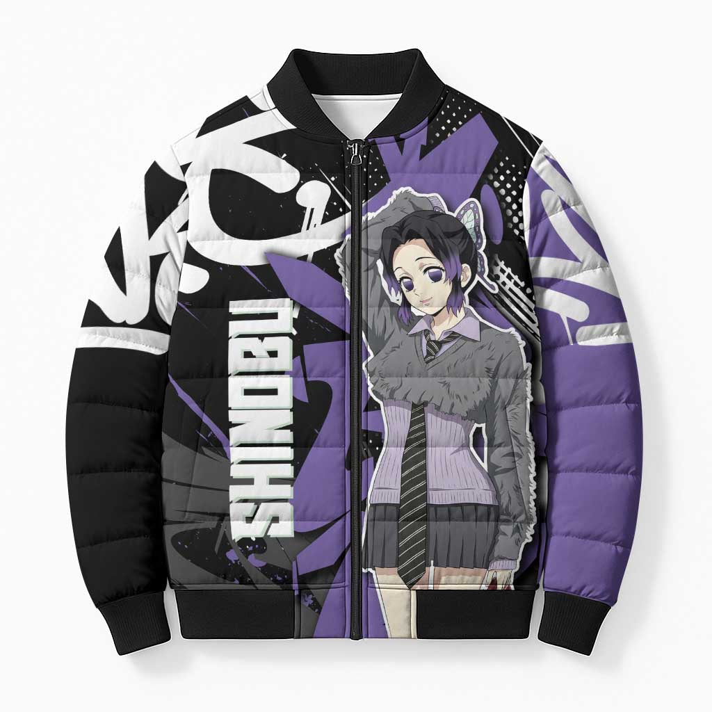 Kocho Shinobu Demon Slayer Bomber Puffer Jacket Purple & Black Graffiti Anime