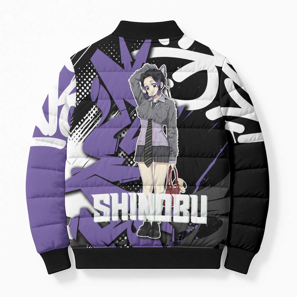 Kocho Shinobu Demon Slayer Bomber Puffer Jacket Purple & Black Graffiti Anime