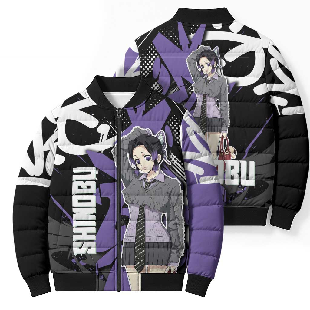 Kocho Shinobu Demon Slayer Bomber Puffer Jacket Purple & Black Graffiti Anime