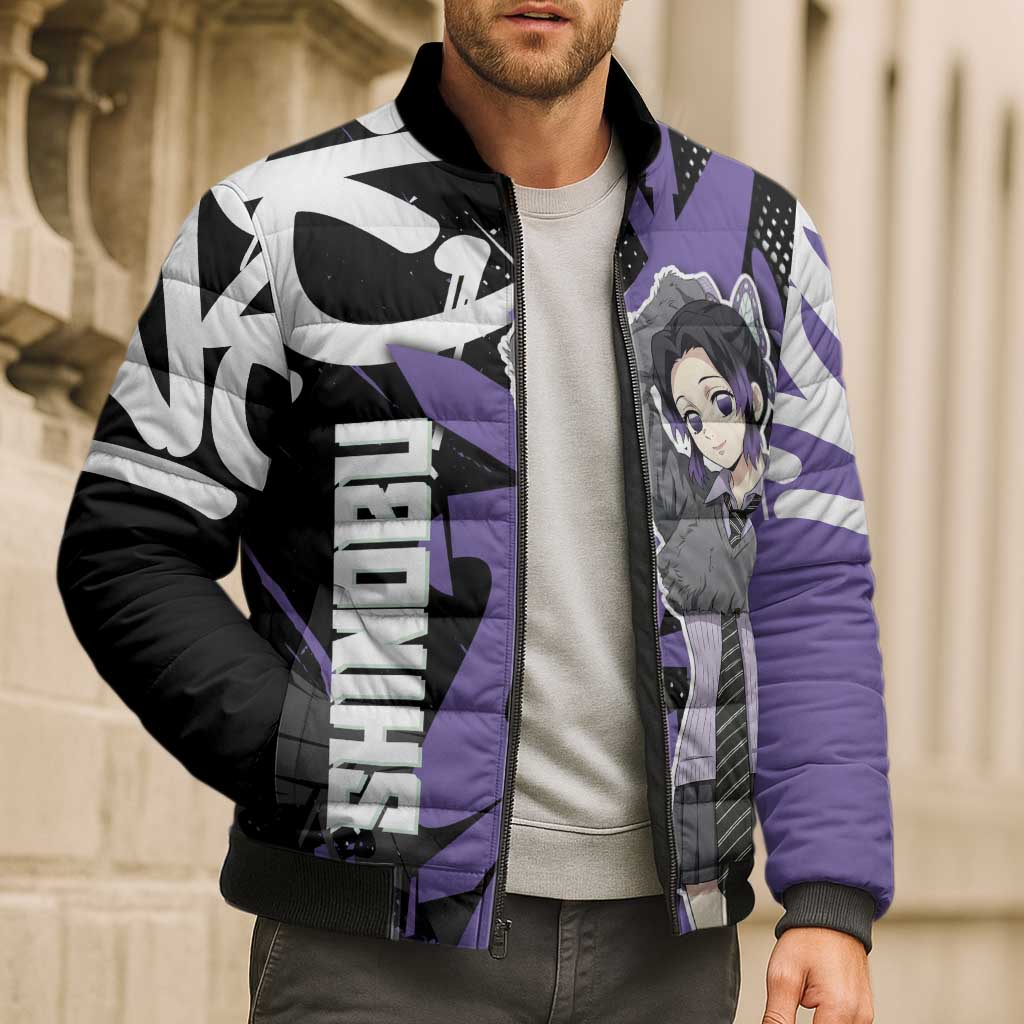 Kocho Shinobu Demon Slayer Bomber Puffer Jacket Purple & Black Graffiti Anime
