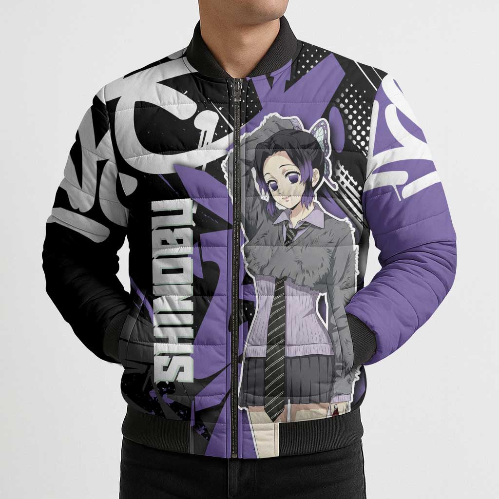 Kocho Shinobu Demon Slayer Bomber Puffer Jacket Purple & Black Graffiti Anime