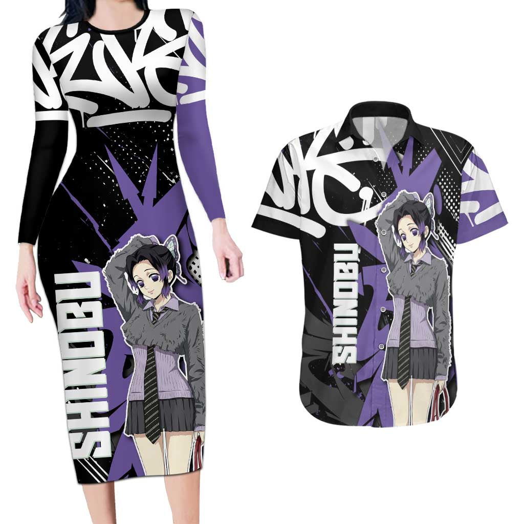 Kocho Shinobu Demon Slayer Couples Matching Long Sleeve Bodycon Dress and Hawaiian Shirt Purple & Black Graffiti Anime