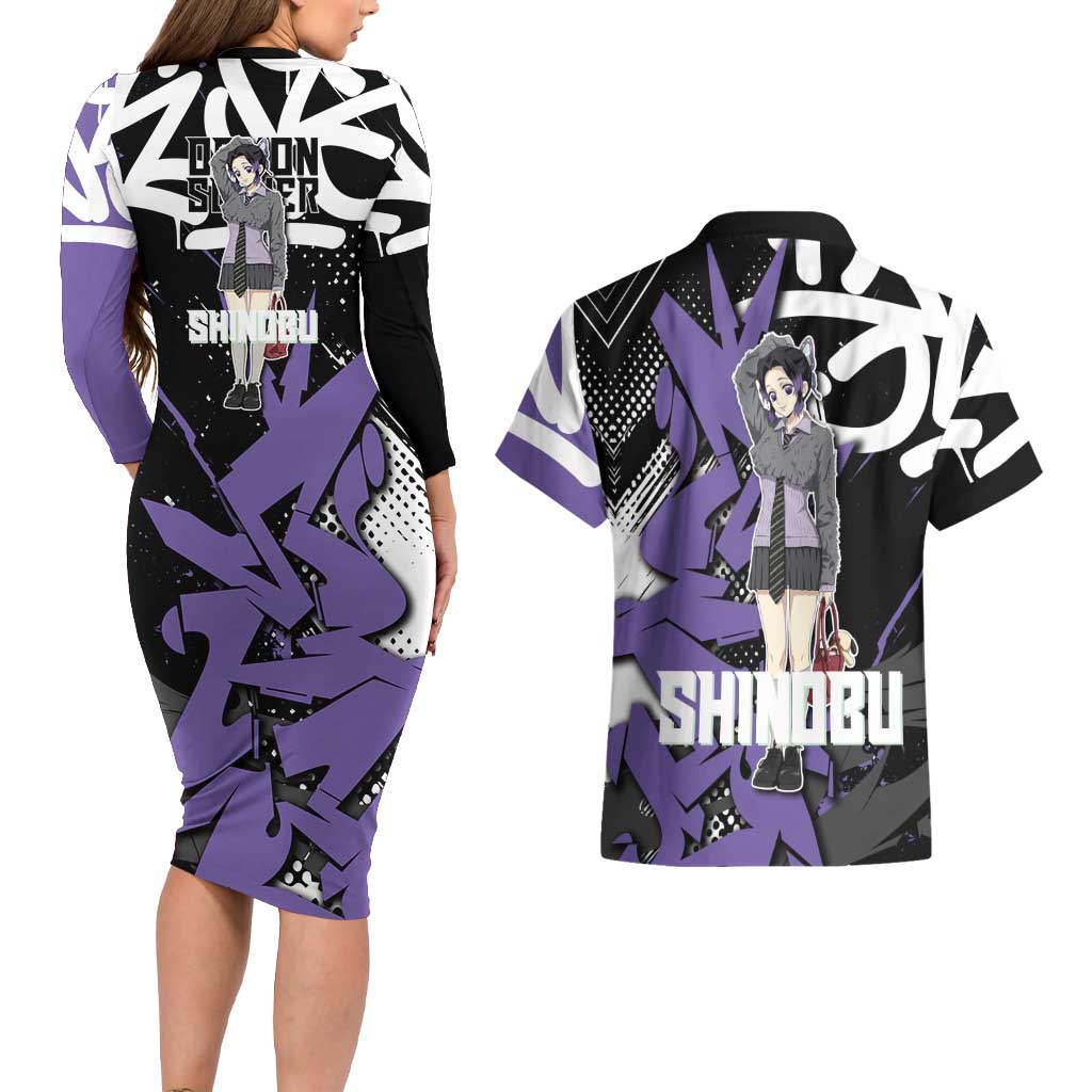 Kocho Shinobu Demon Slayer Couples Matching Long Sleeve Bodycon Dress and Hawaiian Shirt Purple & Black Graffiti Anime