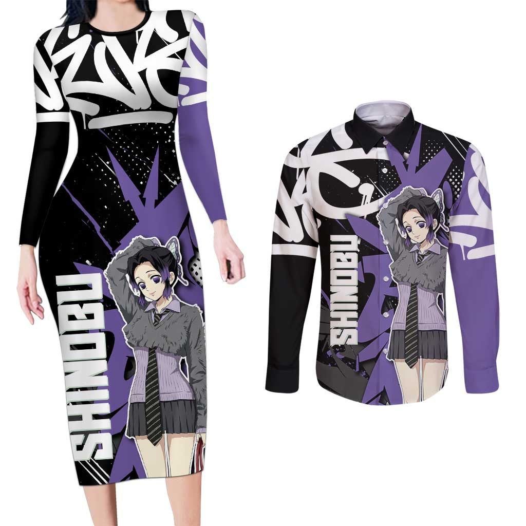 Kocho Shinobu Demon Slayer Couples Matching Long Sleeve Bodycon Dress and Long Sleeve Button Shirt Purple & Black Graffiti Anime