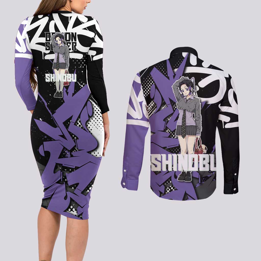 Kocho Shinobu Demon Slayer Couples Matching Long Sleeve Bodycon Dress and Long Sleeve Button Shirt Purple & Black Graffiti Anime