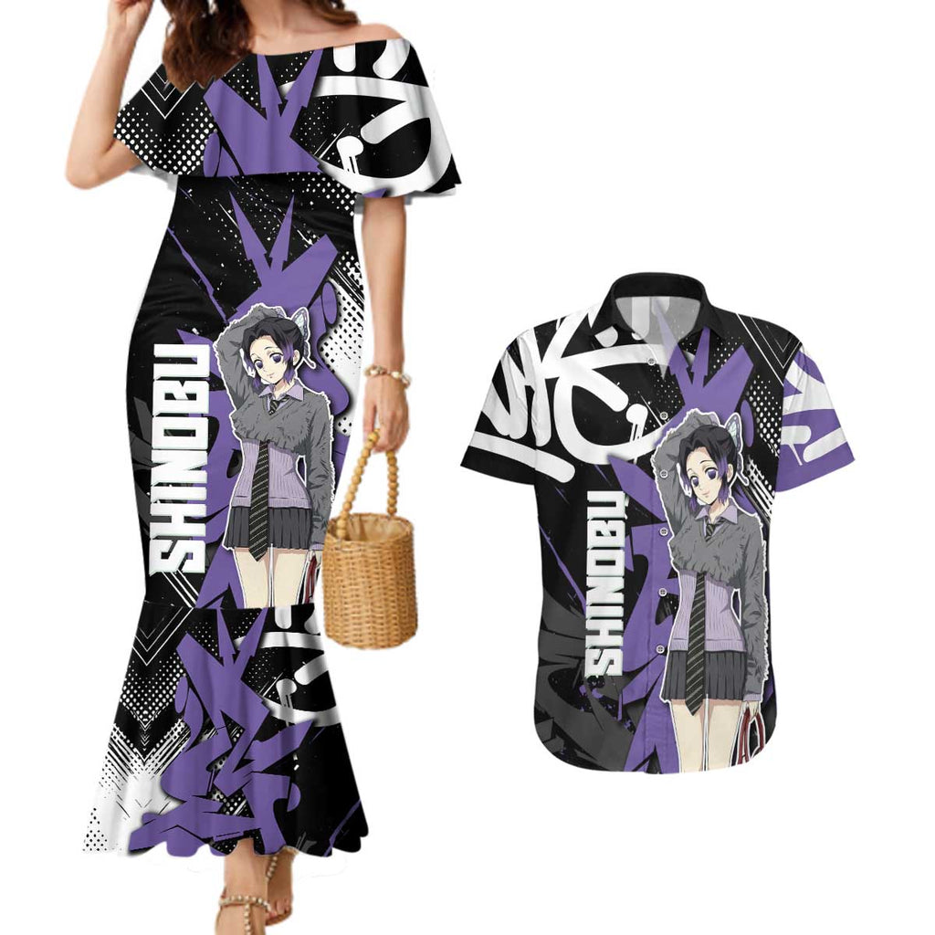 Kocho Shinobu Demon Slayer Couples Matching Mermaid Dress and Hawaiian Shirt Purple & Black Graffiti Anime