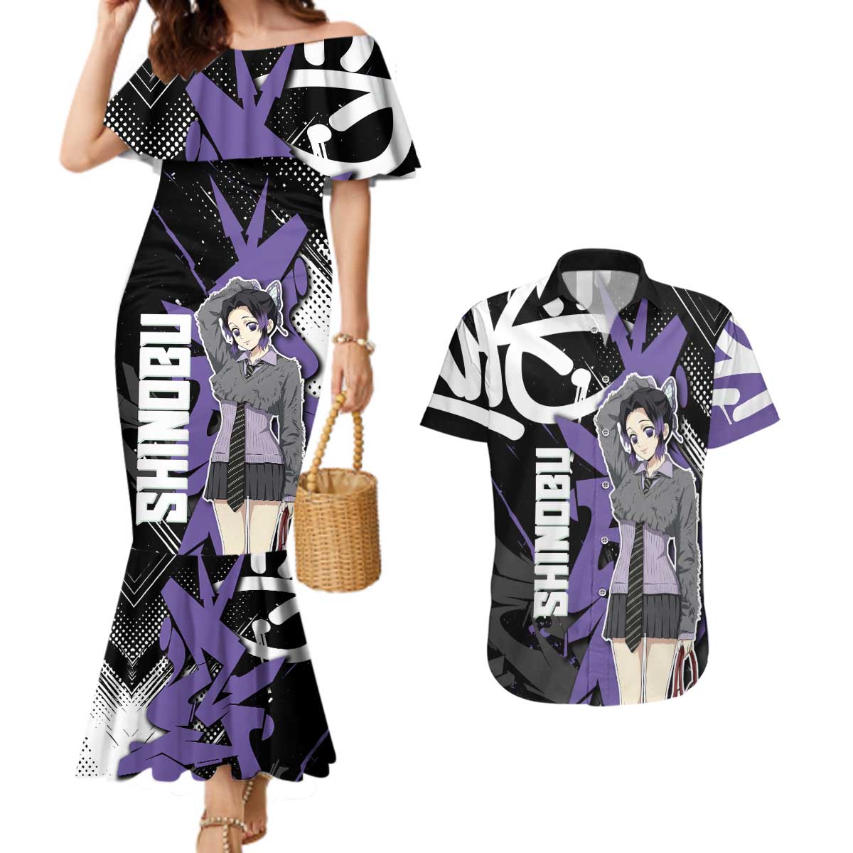 Kocho Shinobu Demon Slayer Couples Matching Mermaid Dress and Hawaiian Shirt Purple & Black Graffiti Anime