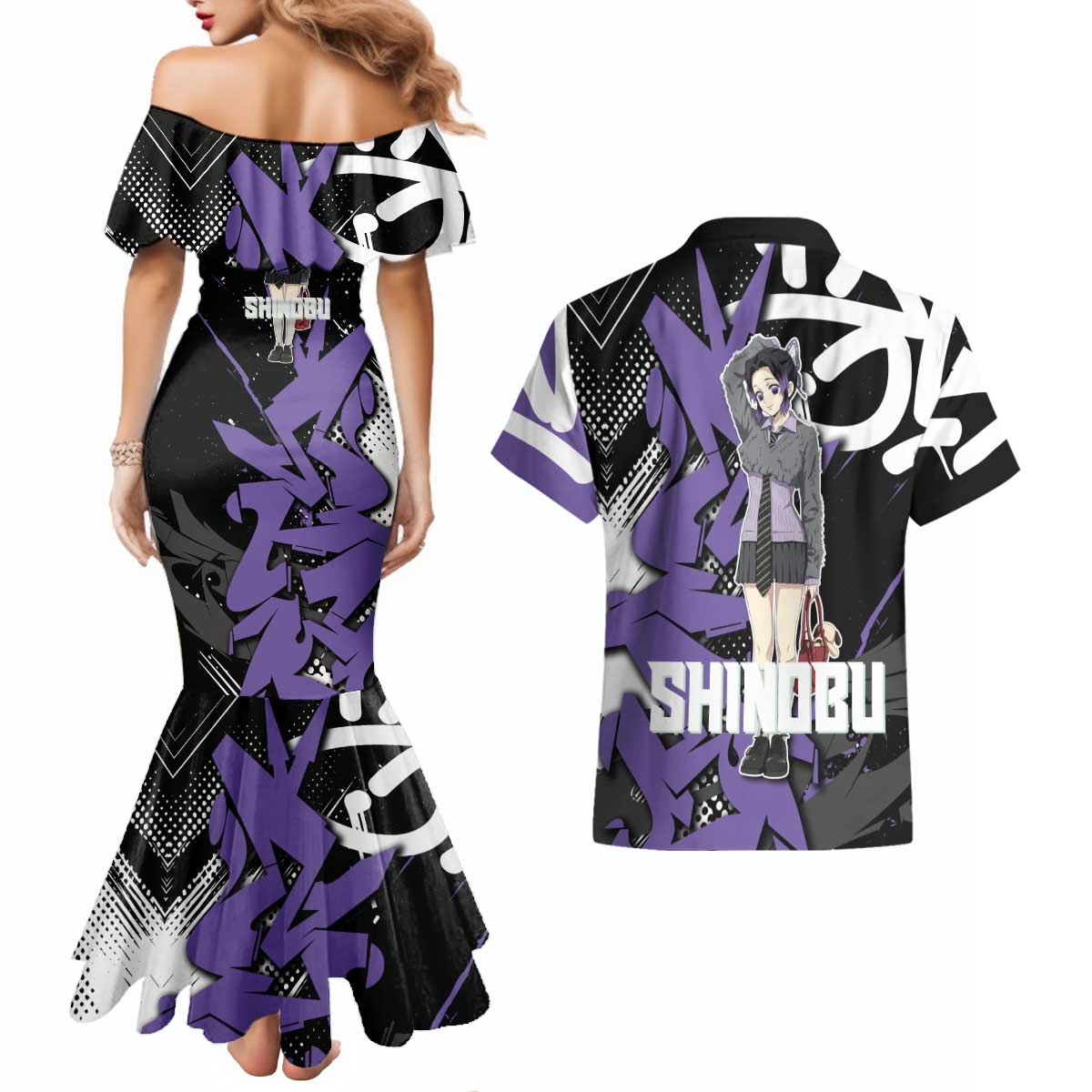 Kocho Shinobu Demon Slayer Couples Matching Mermaid Dress and Hawaiian Shirt Purple & Black Graffiti Anime