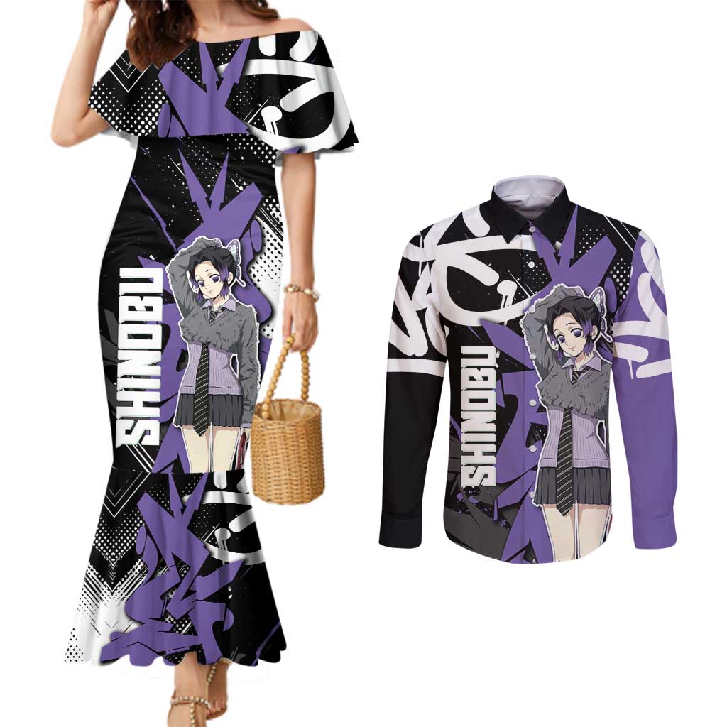Kocho Shinobu Demon Slayer Couples Matching Mermaid Dress and Long Sleeve Button Shirt Purple & Black Graffiti Anime