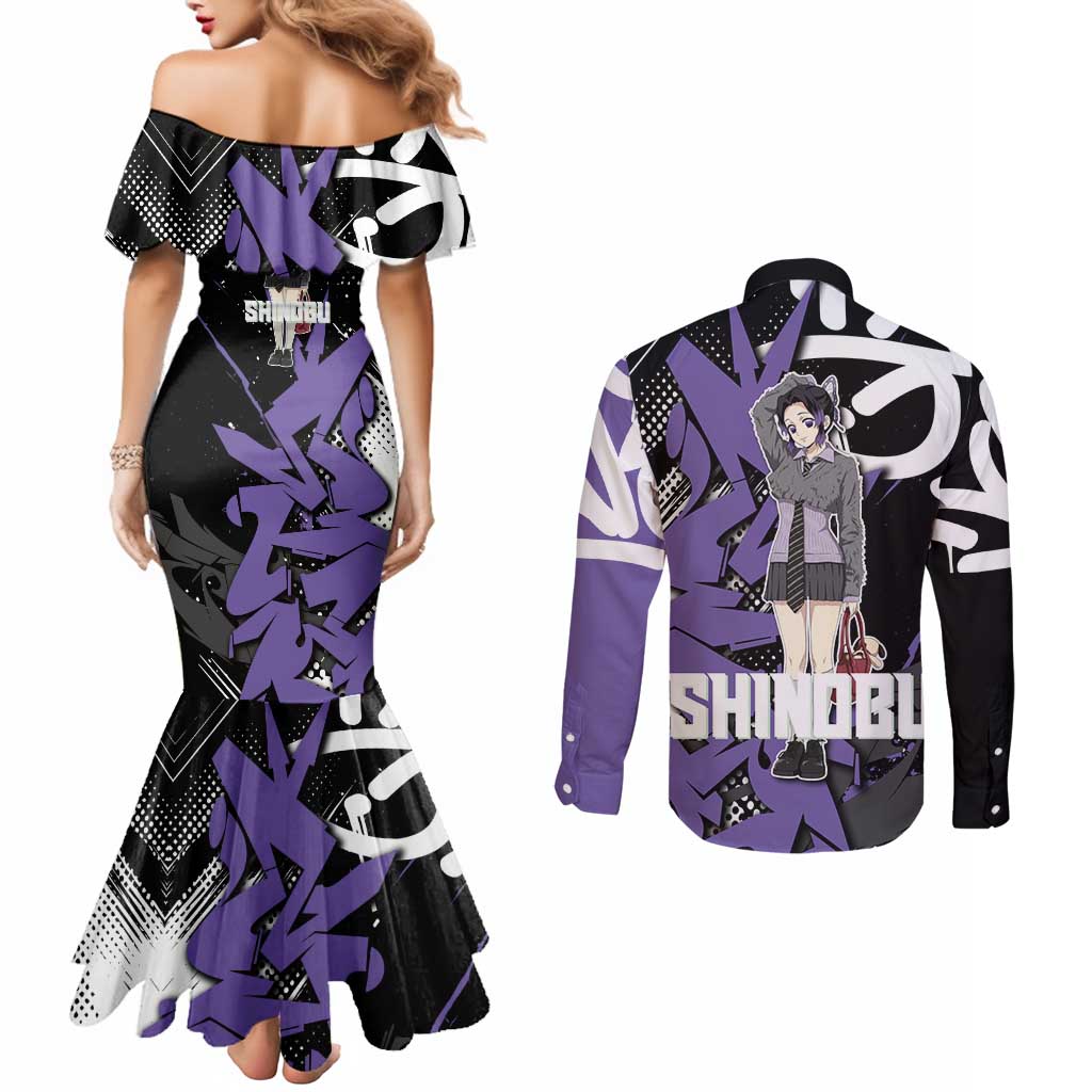 Kocho Shinobu Demon Slayer Couples Matching Mermaid Dress and Long Sleeve Button Shirt Purple & Black Graffiti Anime
