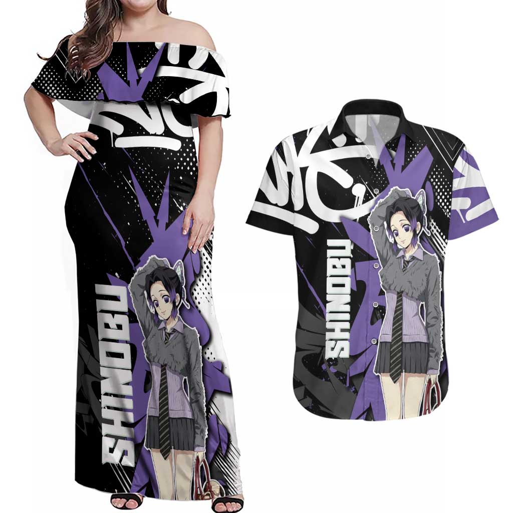 Kocho Shinobu Demon Slayer Couples Matching Off Shoulder Maxi Dress and Hawaiian Shirt Purple & Black Graffiti Anime