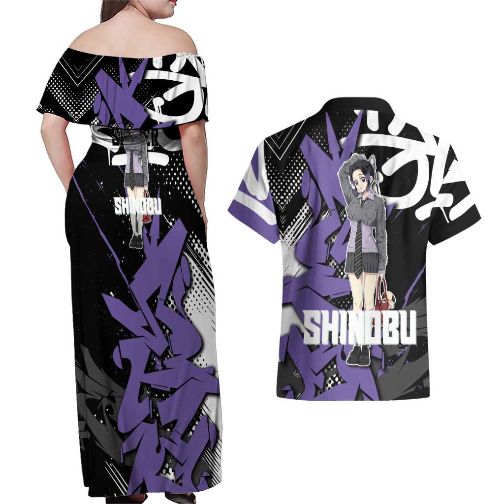 Kocho Shinobu Demon Slayer Couples Matching Off Shoulder Maxi Dress and Hawaiian Shirt Purple & Black Graffiti Anime