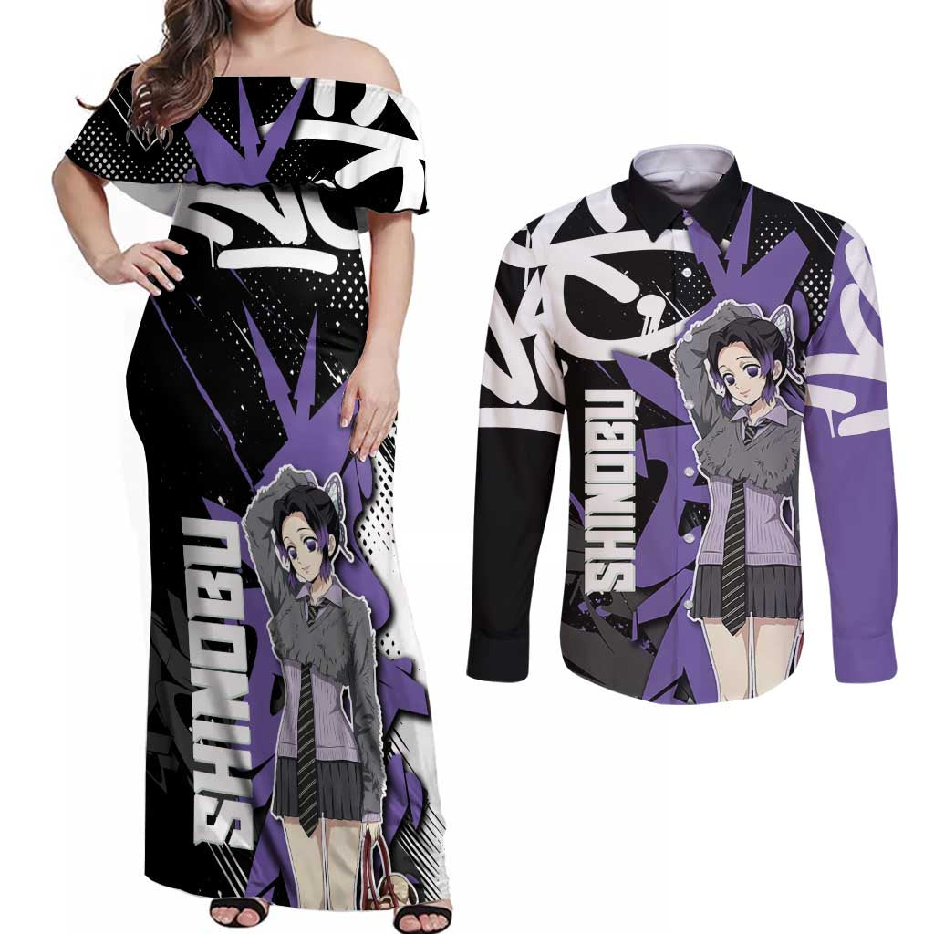 Kocho Shinobu Demon Slayer Couples Matching Off Shoulder Maxi Dress and Long Sleeve Button Shirt Purple & Black Graffiti Anime